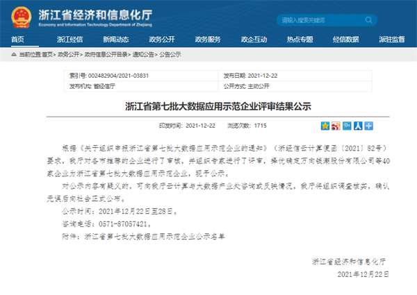 喜讯|筑龙股份公司入选“浙江省第七批大数据应用示范企业”